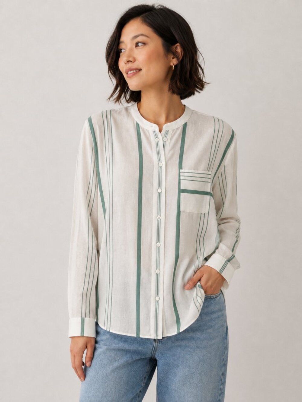 Reiss Katey Band Collar, Green & White Stripe Blouse, Size 8